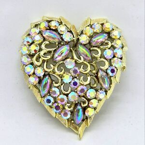 Vintage Coro signed heart with Rhinestones Brooch-Pin AB crystals Irredesent